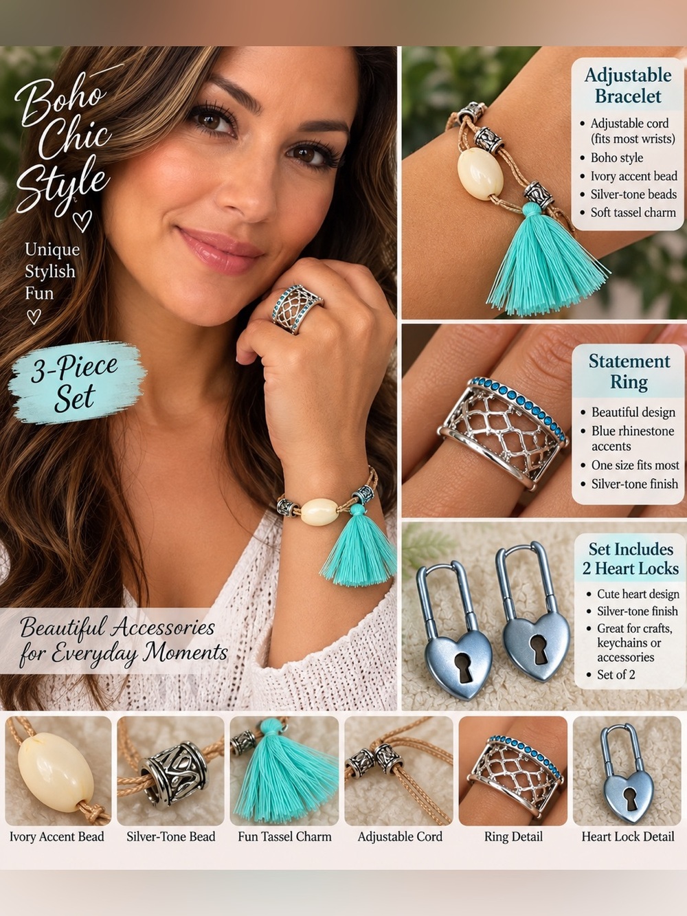 Boho Chic Turquoise Tassel Bracelet & Ring 3-Piece Set